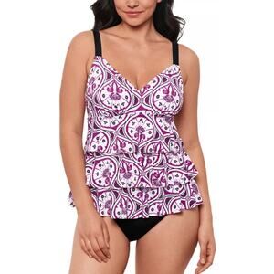 NWT Swim Solutions Printed Tiered Fauxkini One Piece Swimsuit Size 12 Purple NEW
